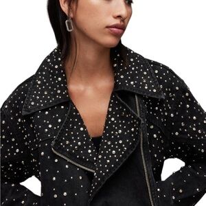 Allsaints Eve Studded Denim Biker Jacket in Washed Black Size 12